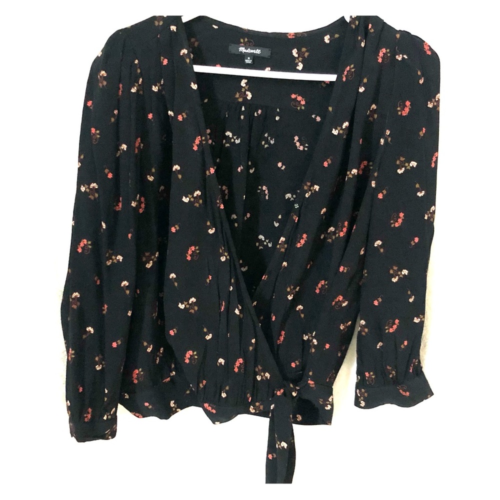 Madewell Black floral wrap blouse Sz M NWOTs